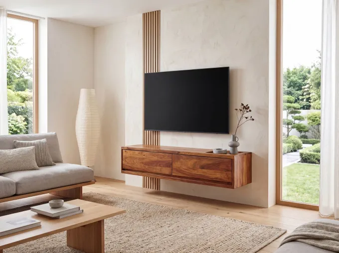 TV-Board Kommode 110cm hängend Sheesham Massivholz TV Lowboard mit 2 Schubladen