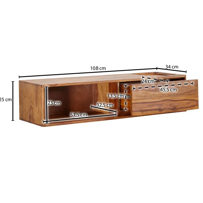 TV-Board Kommode 110cm hängend Sheesham Massivholz TV Lowboard mit 1 Schublade