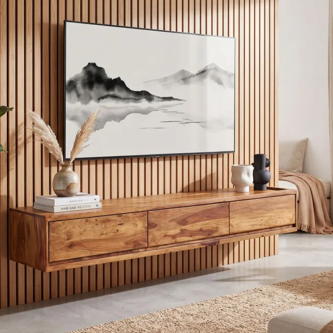 TV-Board Kommode 160cm hängend Sheesham Massivholz TV Lowboard mit 3 Schubladen