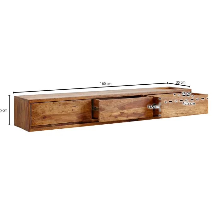 TV-Board Kommode 160cm hängend Sheesham Massivholz TV Lowboard mit 3 Schubladen