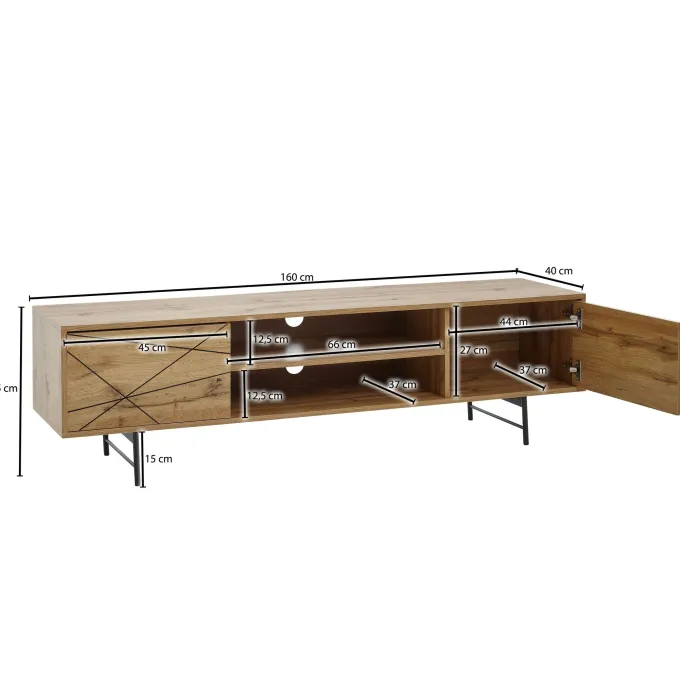 TV-Board Kommode 160cm MDF Eiche Dekor Design Lowboard mit 2 Türen & Ablage Fernsehschrank