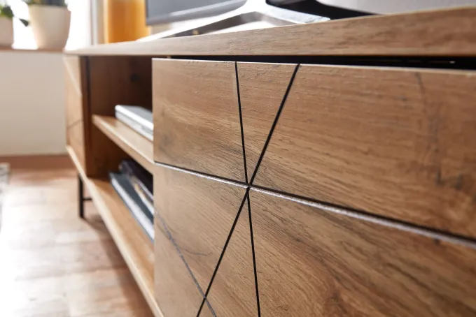 TV-Board Kommode 160cm MDF Eiche Dekor Design Lowboard mit 2 Türen & Ablage Fernsehschrank