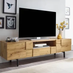 TV-Board Kommode 160cm MDF Eiche Dekor Design Lowboard mit 2 Türen & Schublade Fernsehschrank