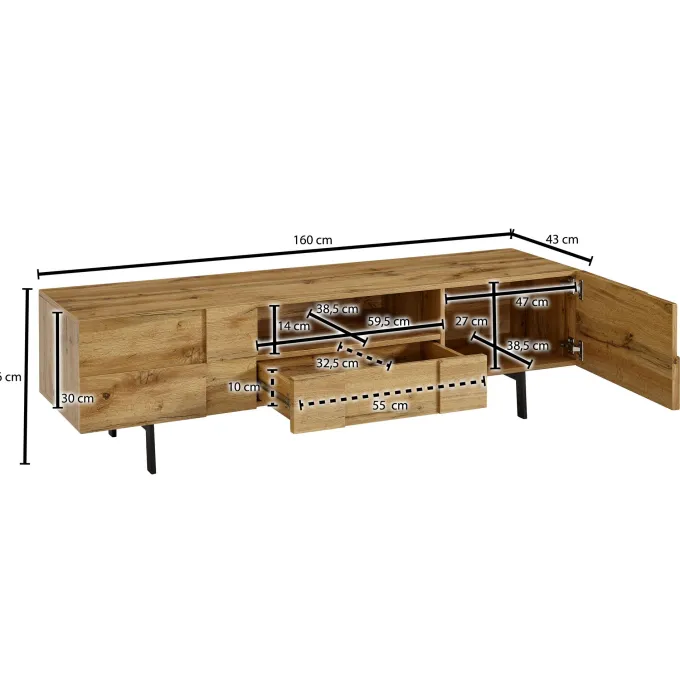 TV-Board Kommode 160cm MDF Eiche Dekor Design Lowboard mit 2 Türen & Schublade Fernsehschrank