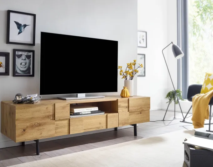 TV-Board Kommode 160cm MDF Eiche Dekor Design Lowboard mit 2 Türen & Schublade Fernsehschrank