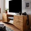 TV-Board Kommode 160cm MDF Eiche Dekor Design Lowboard mit 2 Türen & Glas Ablage Fernsehschrank