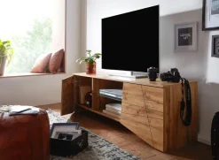 TV-Board Kommode 160cm MDF Eiche Dekor Design Lowboard mit 2 Türen & Glas Ablage Fernsehschrank
