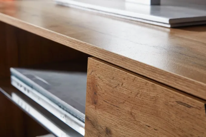 TV-Board Kommode 160cm MDF Eiche Dekor Design Lowboard mit 2 Türen & Glas Ablage Fernsehschrank