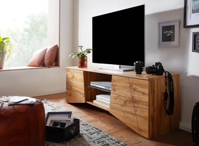 TV-Board Kommode 160cm MDF Eiche Dekor Design Lowboard mit 2 Türen & Glas Ablage Fernsehschrank