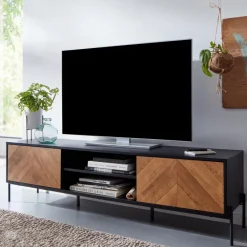 TV-Board Kommode 160cm MDF Eiche Schwarz Dekor Design Lowboard mit 2 Türen Fernsehschrank