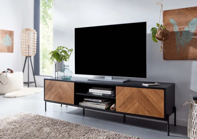 TV-Board Kommode 160cm MDF Eiche Schwarz Dekor Design Lowboard mit 2 Türen Fernsehschrank