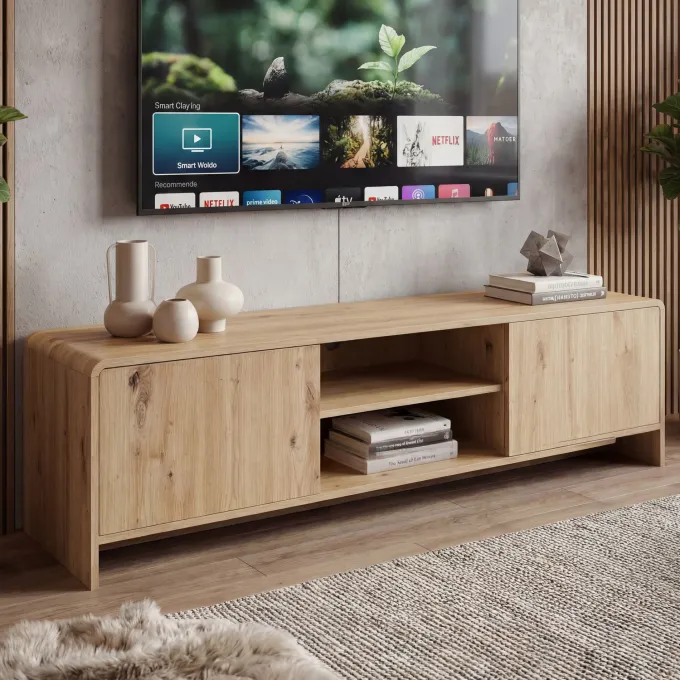 TV Board Lowboard Fernsehschrank Eiche Dekor 155cm TV Schrank 2 Türen Ablage