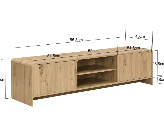 TV Board Lowboard Fernsehschrank Eiche Dekor 155cm TV Schrank 2 Türen Ablage