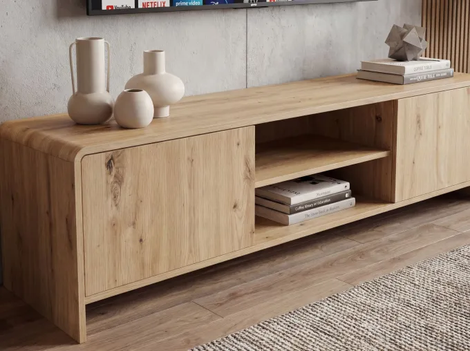TV Board Lowboard Fernsehschrank Eiche Dekor 155cm TV Schrank 2 Türen Ablage