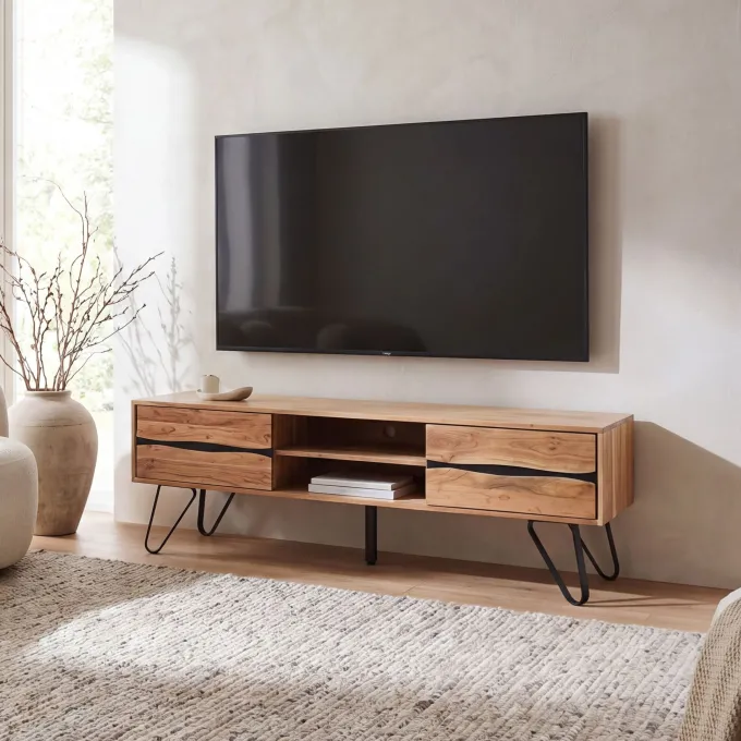TV Board Lowboard Fernsehschrank Akazie Massivholz 160cm Fernsehtisch mit Türen
