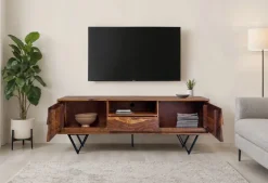 TV Lowboard FineBuy Sheesham Massivholz 160 cm Türen Schublade Fach Metallfüße