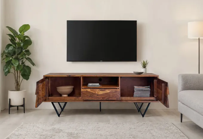 TV Lowboard FineBuy Sheesham Massivholz 160 cm Türen Schublade Fach Metallfüße