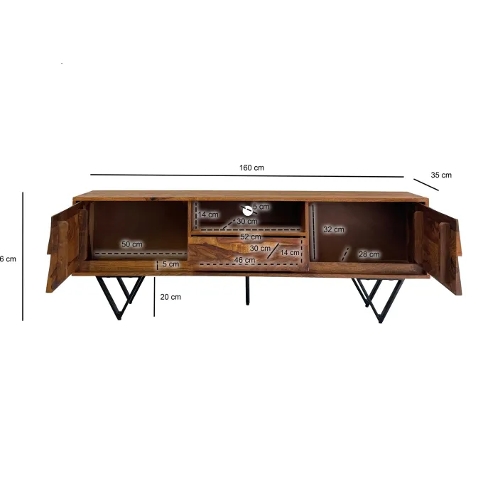 TV Lowboard FineBuy Sheesham Massivholz 160 cm Türen Schublade Fach Metallfüße