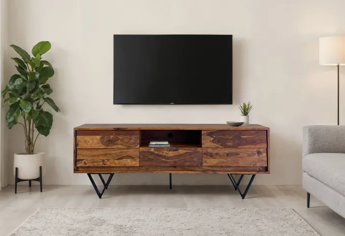 TV Lowboard FineBuy Sheesham Massivholz 160 cm Türen Schublade Fach Metallfüße