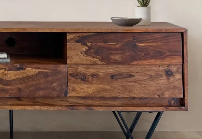 TV Lowboard FineBuy Sheesham Massivholz 160 cm Türen Schublade Fach Metallfüße