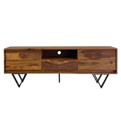TV Lowboard FineBuy Sheesham Massivholz 160 cm Türen Schublade Fach Metallfüße