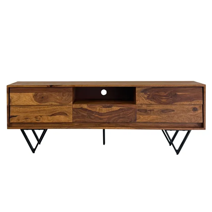 TV Lowboard FineBuy Sheesham Massivholz 160 cm Türen Schublade Fach Metallfüße