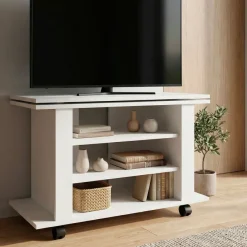 TV Lowboard mit Rollen Weiß 78cm HiFi Bank Rollen Fernsehtisch TV Möbel drehbar