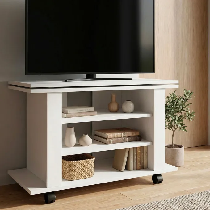 TV Lowboard mit Rollen Weiß 78cm HiFi Bank Rollen Fernsehtisch TV Möbel drehbar
