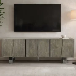 TV Schrank FineBuy Lowboard 160 cm Smoked Grey Holz Massiv Fernsehkommode Grau