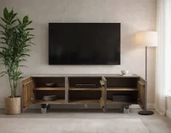 TV Schrank FineBuy Lowboard 160 cm Smoked Grey Holz Massiv Fernsehkommode Grau