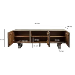 TV Schrank FineBuy Lowboard 160 cm Smoked Grey Holz Massiv Fernsehkommode Grau