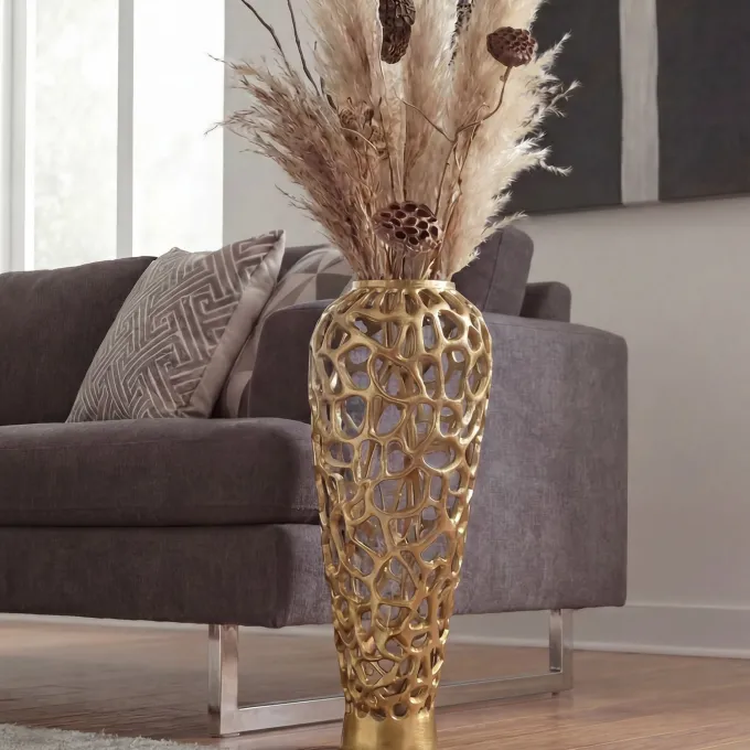Vase Aluminium Gold Blumenvase Bodenvase Wohndeko Groß Rund Dekovase Handmade