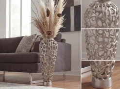 Vase Aluminium Silber Blumenvase Bodenvase Wohndeko Groß Rund Dekovase Handmade