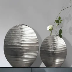 Vase 2er Set FineBuy Blumenvase Aluminium Tischvase Dekovase Rund Wellenmuster