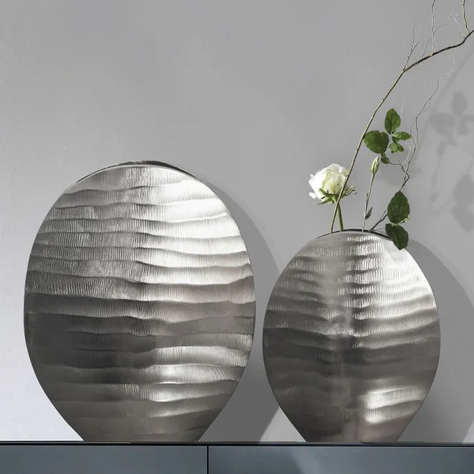 Vase 2er Set FineBuy Blumenvase Aluminium Tischvase Dekovase Rund Wellenmuster