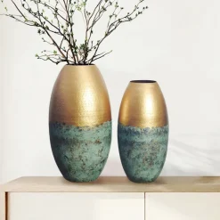 Vase 2er Set FineBuy Blumenvase Aluminium Gold Patina Tischvase Punziert Rund