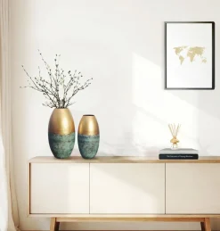 Vase 2er Set FineBuy Blumenvase Aluminium Gold Patina Tischvase Punziert Rund