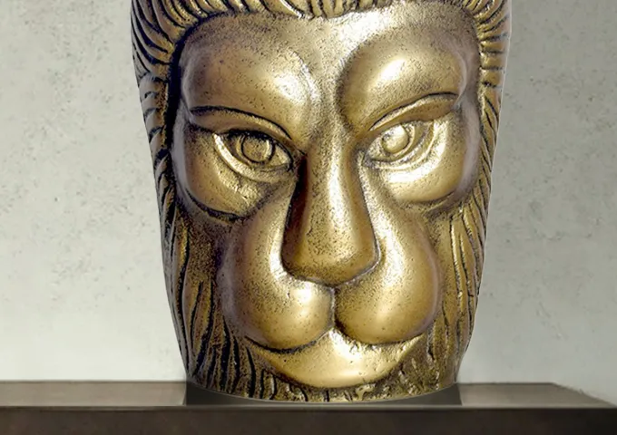 Vase FineBuy Blumenvase Löwenkopf 21 cm Aluminium Gold Tischvase Wohndeko Rund