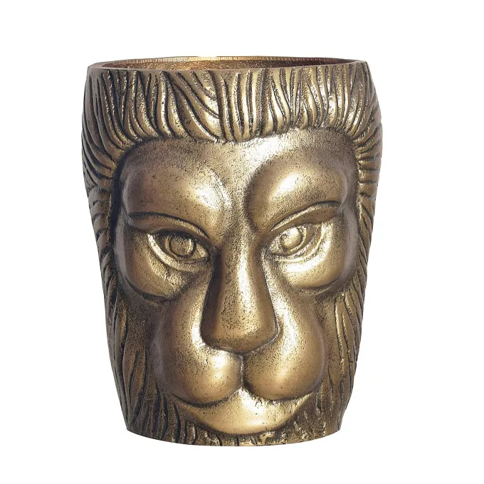 Vase FineBuy Blumenvase Löwenkopf 21 cm Aluminium Gold Tischvase Wohndeko Rund
