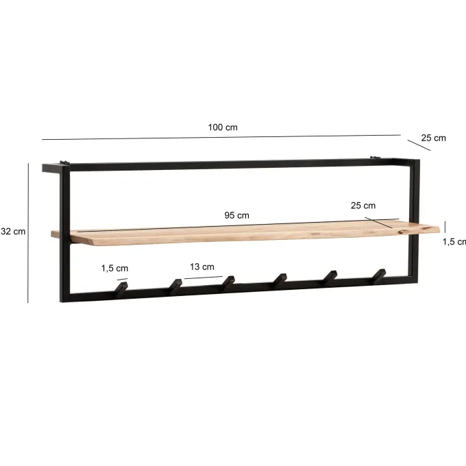 Wandgarderobe Akazie Massivholz 100cm Hängegarderobe Baumkante Industrial Modern