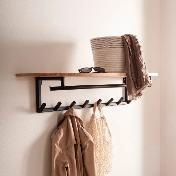 Wandgarderobe Akazie Massivholz 100cm Metall Garderobe mit Ablage Industrial