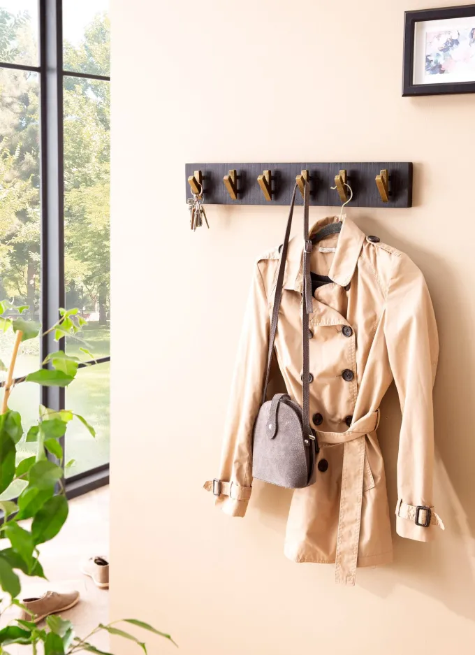 Wandgarderobe FineBuy Hakenleiste Mango Massivholz 60 cm Garderobe Flur Schwarz