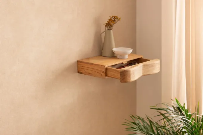 Wandregal Akazie Hängeregal mit Schublade Holz Wandboard Regal für die Wand