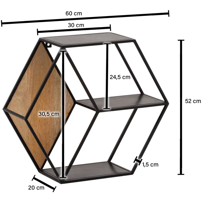 Wandregal FineBuy Hängeregal 60x52x20 cm Massivholz Metall Regal Sechseckig
