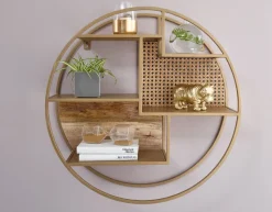 Wandregal FineBuy Hängeregal Holz Metall 62x62x17 cm Regal Rund Wiener Geflecht