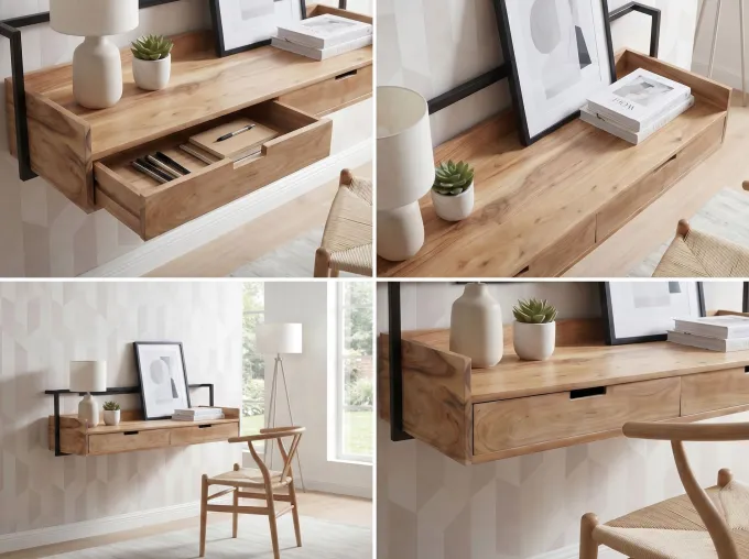 Wandschreibtisch 120cm Massivholz Stauraum Schreibtisch für die Wand Schwebend