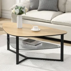 Wohnzimmertisch FineBuy Couchtisch Nierenförmig Eiche Optik Glas Ablage 110 cm