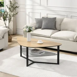 Wohnzimmertisch FineBuy Couchtisch Nierenförmig Eiche Optik Glas Ablage 110 cm