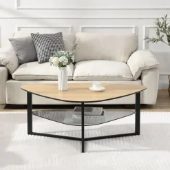 Wohnzimmertisch FineBuy Couchtisch Nierenförmig Eiche Optik Glas Ablage 110 cm