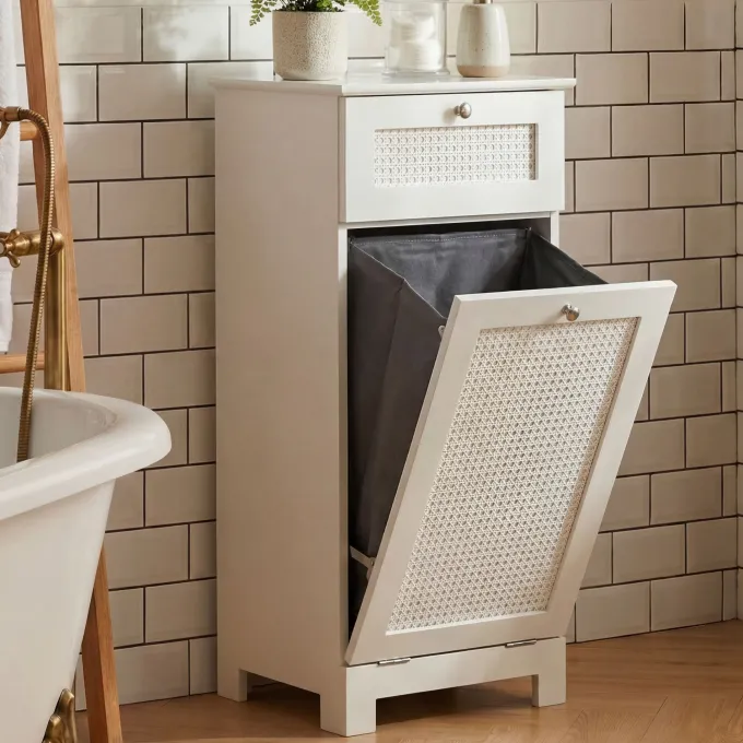 Wäschesammler 38x90x40cm Weiß Nischenschrank Wäschekipper Wäscheschrank Bad